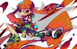 Rule 34 | 1girl, amakusa (hidorozoa), backpack, bad id, bad twitter id, bag, bike shorts, blunt bangs, brown eyes, commentary request, floating hair, green footwear, gun, holding, holding gun, holding weapon, inkling, inkling girl, inkling player character, long hair, looking at viewer, mask, nintendo, paint gun, paint splatter, paint splatter on face, pointy ears, shirt, shoes, short sleeves, smile, solo, tentacle hair, weapon, white shirt