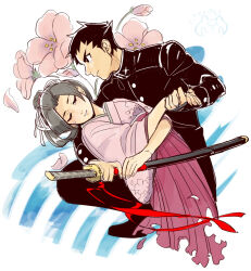 Rule 34 | 1boy, 1girl, ace attorney, black eyes, black footwear, black hair, black jacket, black pants, buttons, closed eyes, closed mouth, commentary request, crying, falling petals, flower, frown, hakama, hakama skirt, holding hands, jacket, japanese clothes, kimono, pants, parted lips, petals, pink flower, pink kimono, red ribbon, ribbon, ryunosuke naruhodo, sheath, shoes, short hair, skirt, susato mikotoba, sword, tears, the great ace attorney, tomaopai, torn clothes, torn hakama, weapon