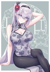 Rule 34 | 1girl, alternate costume, black pantyhose, border, breasts, china dress, chinese clothes, cleavage, cleavage cutout, clothing cutout, crossed legs, dress, floral print, flower, fuyutsuki (kancolle), grey background, grey dress, grey eyes, hair flower, hair ornament, headband, highres, kabocha torute, kantai collection, large breasts, long hair, looking at viewer, one side up, pantyhose, pelvic curtain, sitting, sleeveless, sleeveless dress, smile, solo, white border