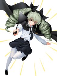 Rule 34 | 1girl, anchovy (girls und panzer), anzio (emblem), anzio school uniform, belt, black belt, black cape, black footwear, black necktie, black ribbon, black skirt, cape, commentary request, dress shirt, drill hair, dutch angle, emblem, foreshortening, girls und panzer, green hair, grin, hair ribbon, highres, holding, leg up, light rays, loafers, long hair, long sleeves, looking at viewer, miniskirt, necktie, pantyhose, partial commentary, pleated skirt, red eyes, ribbon, riding crop, ruka (piyopiyopu), school uniform, shirt, shoes, skirt, smile, solo, standing, standing on one leg, twin drills, twintails, white background, white pantyhose, white shirt