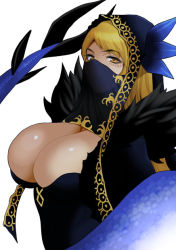 Rule 34 | 1girl, black dress, blonde hair, breasts, brown eyes, cleavage, dark-skinned female, dark skin, dragon girl, dragon horns, dragon tail, dress, facial mark, fate/grand order, fate (series), horns, jewelry, large breasts, long hair, long sleeves, looking at viewer, low neckline, mouth veil, neck ring, solo, swept bangs, tail, veil, vritra (fate), yukiyanagi