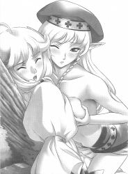 Rule 34 | 1boy, 1girl, against tree, age difference, ahoge, alleyne (queen&#039;s blade), alleyne (queen's blade), asymmetrical docking, belt, beret, blush, braid, breast hold, breast press, breasts, child, closed eyes, dutch angle, eiwa, elf, fighting master alleyne, fiotiel shalaklard, flipped hair, from side, grabbing, grabbing another&#039;s breast, greyscale, hair ornament, hair tubes, hat, hetero, large breasts, long hair, long sleeves, miniskirt, monochrome, navel, non-web source, one eye closed, open mouth, outdoors, parted bangs, pointy ears, puffy long sleeves, puffy sleeves, queen&#039;s blade, scan, scan artifacts, side braid, sidelocks, skirt, thighhighs, topless, trap, tree, wince