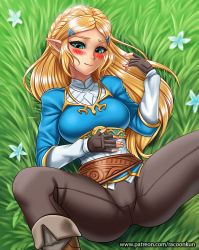 Rule 34 | 1girl, black gloves, blonde hair, blue shirt, blush, boots, braid, brown gloves, brown pants, closed mouth, day, fingerless gloves, fingernails, flower, french braid, gloves, grass, green eyes, hair ornament, hairclip, long hair, long sleeves, looking at viewer, lying, nintendo, on back, outdoors, pants, parted bangs, pointy ears, presenting, princess zelda, racoon-kun, shirt, smile, solo, spread legs, the legend of zelda, the legend of zelda: breath of the wild, tight clothes, tight pants