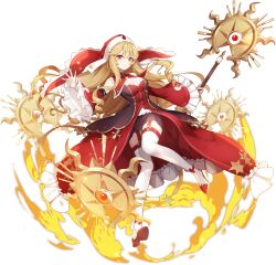 Rule 34 | 1girl, black skirt, blonde hair, detached sleeves, dress, dynamic pose, eversoul, fire, frilled sleeves, frills, full body, garter straps, gown, habit, hair between eyes, highres, holding, holding staff, holding weapon, mage staff, non-web source, nun, official art, orange eyes, red dress, rose (eversoul), skirt, smile, solo, staff, star (symbol), tachi-e, thighhighs, transparent background, weapon, white footwear, zettai ryouiki