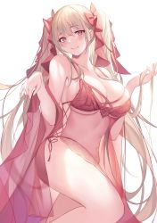 Rule 34 | 1girl, azur lane, bare legs, bra, breasts, cleavage, closed mouth, collarbone, formidable (azur lane), hair ribbon, highres, large breasts, light brown hair, long hair, looking at viewer, pdxen, red bra, red eyes, ribbon, sarong, see-through, simple background, smile, solo, standing, thighs, twintails, underboob, underwear, very long hair, white background
