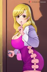 Rule 34 | 1boy, 1girl, bag, blonde hair, breasts, brown eyes, cleavage, commentary, door, english commentary, finger to mouth, handbag, highres, large breasts, long hair, looking at viewer, mature female, mixed-language commentary, opening door, out of frame, pink purse, red nails, shadow, shushing, smile, takasu yasuko, toradora!, wazu san