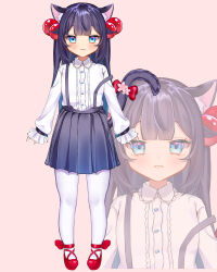 Rule 34 | 1girl, animal ears, black hair, black skirt, blue eyes, breasts, cat ears, cat girl, cat tail, commentary request, dosukoi humitarou, expressionless, frown, full body, hair bobbles, hair ornament, high-waist skirt, highres, long hair, miniskirt, original, pantyhose, skirt, sleeves past wrists, small breasts, solo, suspender skirt, suspenders, suspenders slip, tail, white pantyhose, zoom layer