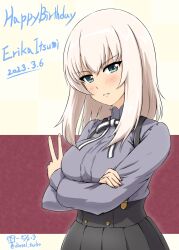 Rule 34 | 1girl, artist name, birthday, black ribbon, black skirt, blue eyes, blush, character name, closed mouth, commentary, cosplay, crossed arms, dated, diesel-turbo, frown, girls und panzer, grey shirt, happy birthday, high-waist skirt, high collar, highres, itsumi erika, looking at viewer, medium hair, neck ribbon, pleated skirt, ribbon, school uniform, shirt, skirt, solo, spy kyoushitsu, standing, suspender skirt, suspenders, twitter username, two-tone ribbon, v, white hair