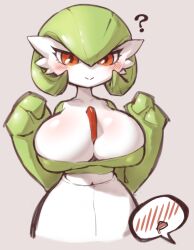 Rule 34 | 1girl, :&gt;, ?, absurdres, blush, bob cut, breasts, cleavage, closed mouth, collarbone, colored skin, creatures (company), drooling, dukong, female focus, game freak, gardevoir, gen 3 pokemon, green hair, green shirt, grey background, hair between eyes, half-closed eyes, hands up, happy, highres, huge breasts, long sleeves, midriff, navel, nintendo, pencil skirt, pokemon, pokemon (creature), red eyes, shiny skin, shirt, short hair, simple background, skindentation, skirt, smile, solo, speech bubble, spoken blush, standing, upper body, white skin, white skirt