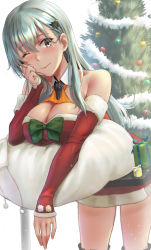 Rule 34 | 1girl, ;), alternate costume, aqua eyes, aqua hair, blush, bow, breasts, christmas, christmas tree, cleavage, detached collar, detached sleeves, dress, fur-trimmed dress, fur-trimmed sleeves, fur trim, gift, green bow, hair ornament, hairclip, head on hand, highres, kantai collection, kokuzou, large breasts, leaning, long hair, looking at viewer, one eye closed, orange neckwear, red dress, sidelocks, smile, solo, suzuya (kancolle), thighs