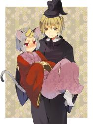 Rule 34 | 2girls, alternate costume, animal ears, bad id, bad twitter id, barefoot, blonde hair, blush, bow, dress, grey hair, hasebe yuusaku, hat, holding, japanese clothes, long sleeves, looking at another, mouse ears, mouse tail, multicolored hair, multiple girls, nazrin, pink dress, red eyes, short hair, smile, socks, tail, toramaru shou, touhou, two-tone hair, vest, white legwear, wide sleeves, yellow eyes
