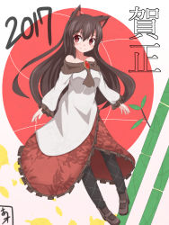Rule 34 | 1girl, 2017, animal ears, ao (aoblueao), bamboo, bare shoulders, black legwear, blouse, boots, brown hair, collarbone, dress, frilled dress, frilled skirt, frills, full body, highres, imaizumi kagerou, long hair, long sleeves, off shoulder, red eyes, red skirt, shirt, skirt, solo, touhou, very long hair, white shirt, wolf ears