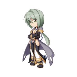 Rule 34 | 1girl, arms under breasts, black gloves, breasts, chain, chibi, cleavage, closed mouth, coat, crossed arms, expressionless, full body, gloves, green eyes, green hair, grey coat, hair between eyes, hip vent, long bangs, long sleeves, medium breasts, official art, ragnarok online, sandals, short hair, simple background, solo, standing, suspenders, tachi-e, thighhighs, transparent background, warlock (ragnarok online), white thighhighs, yellow footwear, yuichirou