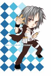 Rule 34 | 1boy, abstract background, bandages, belt, black footwear, checkered background, chibi, dynamite, explosive, full body, gokudera hayato, grey eyes, jewelry, katekyo hitman reborn!, male focus, mouth hold, necklace, open clothes, open shirt, shirt, short sleeves, silver hair, solo, white belt, wristband
