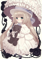 Rule 34 | .live, 1girl, absurdres, animal ears, black flower, black gloves, black rose, blonde hair, blush, capelet, closed mouth, dress, flower, full body, fur-trimmed capelet, fur trim, gloves, green eyes, hat, highres, holding, holding stuffed toy, holding umbrella, long dress, long hair, looking at viewer, milk merry, plant, rose, solo, stuffed animal, stuffed toy, teddy bear, top hat, umbrella, untue, very long hair, vines, virtual youtuber, white capelet, white dress, white hat