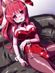 Rule 34 | 1girl, animal ears, bare shoulders, blush, bow, bowtie, breasts, cleavage, couch, detached collar, fake animal ears, female focus, head tilt, large breasts, leotard, long hair, looking at viewer, lying, miuku (marine sapphire), on back, open mouth, pantyhose, playboy bunny, ponytail, rabbit ears, red eyes, red hair, solo, sugiura ayano, wrist cuffs, yuru yuri