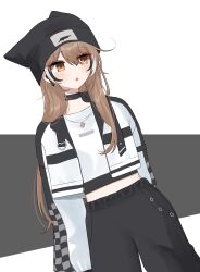 Rule 34 | 1girl, :o, absurdres, alternate costume, beanie, black beanie, black choker, black pants, brown eyes, brown hair, checkered clothes, choker, cowboy shot, earflap beanie, earrings, hat, highres, hololive, hololive english, jacket, jewelry, long hair, looking to the side, midriff peek, multicolored hair, nanashi mumei, necklace, open mouth, pants, shirt, simple background, streaked hair, virtual youtuber, white jacket, white shirt, xx tk9