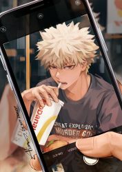 Rule 34 | 1boy, absurdres, bakugou katsuki, blonde hair, boku no hero academia, burger, cellphone, cup, drinking straw, food, highres, holding, holding cup, looking at viewer, male focus, open mouth, phone, red eyes, smartphone, solo, spiked hair, zerom000