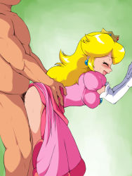 Rule 34 | 1boy, 1girl, bent over, blonde hair, blush, breasts, closed eyes, clothed female nude male, clothed sex, crown, dress, elbow gloves, gloves, happy sex, hetero, large breasts, long hair, mario (series), nintendo, nude, old school academy, open mouth, princess peach, pubic hair, sex, simple background, smile, super mario bros. 1, sweat