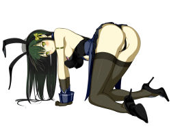 Rule 34 | 1girl, all fours, animal ears, ass, bad id, bad pixiv id, banpresto, blush, bow, breasts, covered erect nipples, fake animal ears, full body, green hair, high heels, leotard, medium breasts, nakabayashi reimei, one eye closed, ouka nagisa, partially visible vulva, playboy bunny, rabbit ears, shoes, simple background, solo, super robot wars, super robot wars original generation, thighhighs, wink, yellow bow, yellow eyes