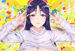 Rule 34 | 1girl, absurdres, artist request, blush, breasts, clothes lift, confetti, double v, emotional engine - full drive, fate/grand order, fate (series), flower, hair between eyes, hands up, highres, huge filesize, large breasts, long hair, long sleeves, looking at viewer, minamoto no raikou (fate), out-of-frame censoring, parody, parted bangs, parted lips, purple eyes, purple hair, ribbed sweater, rose, smile, solo, sparkle, sunburst, sunburst background, sweater, sweater lift, turtleneck, turtleneck sweater, v, very long hair, white sweater, yellow background