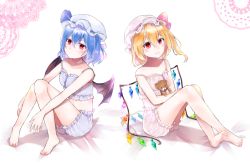 Rule 34 | 2girls, barefoot, bed sheet, blonde hair, blue bow, blue hair, blue shorts, blush, bow, closed mouth, collarbone, flandre scarlet, floating hair, frilled shorts, frills, full body, hair between eyes, hat, hat bow, holding, holding stuffed toy, midriff, mob cap, multiple girls, navel, off shoulder, pajamas, pink bow, red eyes, remilia scarlet, short hair, short shorts, shorts, siblings, sisters, sitting, smile, soles, stomach, stuffed animal, stuffed toy, teddy bear, touhou, white background, white headwear, white shorts, wings, yurara (aroma42enola)