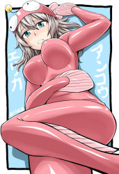 Rule 34 | 10s, 1girl, anglerfish costume, blush, border, breasts, brown hair, character request, dutch angle, girls und panzer, green eyes, large breasts, long hair, nose blush, outside border, solo, sutahiro (donta), white border