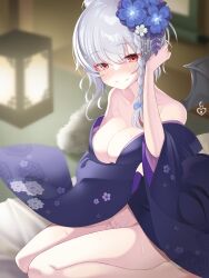 Rule 34 | 1girl, blue archive, blush, bow, braid, commentary request, flower, fur collar, grey hair, hair bow, hair bun, hair flower, hair ornament, halo, hand up, haruna (blue archive), haruna (new year) (blue archive), highres, japanese clothes, kimono, long sleeves, looking at viewer, naked kimono, official alternate costume, open clothes, open kimono, red eyes, single hair bun, single wing, sitting, smile, solo, tatsuya (trypaint), undressing, wings