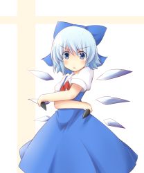 Rule 34 | 1girl, :o, blue eyes, blue hair, bow, chiro-minami, chiro (bocchiropafe), cirno, crossed arms, dress, hair bow, highres, ice, ice wings, kunai, looking at viewer, matching hair/eyes, reverse grip, ribbon, short hair, short sleeves, simple background, solo, striped, striped background, touhou, weapon, white background, wings