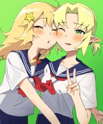 Rule 34 | 2girls, blonde hair, blue sailor collar, blue skirt, blush, bow, braid, breasts, collarbone, commentary request, cookie (touhou), green background, green eyes, hair bow, hair ornament, hairclip, highres, joker (cookie), kirisame marisa, long hair, looking at viewer, medium bangs, mizuhashi parsee, multiple girls, neckerchief, one eye closed, open mouth, parted bangs, pleated skirt, pointy ears, pura (aiueo256375), red eyes, red neckerchief, sailor collar, school uniform, serafuku, shirt, short hair, short sleeves, side braid, simple background, single braid, skirt, small breasts, star (symbol), star hair ornament, suzu (cookie), touhou, unusually open eyes, upper body, v, white shirt