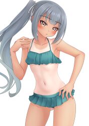Rule 34 | 1girl, absurdres, bikini, bikini skirt, breasts, brown eyes, frilled bikini, frills, green bikini, grey hair, highres, kantai collection, kasumi (kancolle), long hair, looking at viewer, makura (y makura), navel, official alternate costume, one-piece tan, side ponytail, simple background, small breasts, solo, swimsuit, tan, tanline, variant set, white background