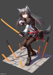 Rule 34 | 1girl, animal ear fluff, animal ears, arknights, black footwear, black gloves, black hair, black shorts, brown eyes, brown pantyhose, commentary request, ear piercing, fingerless gloves, food, food in mouth, full body, gloves, grey background, hair between eyes, highres, holding, holding sword, holding weapon, jacket, pantyhose under shorts, long hair, long sleeves, mouth hold, multicolored hair, ndtwofives, pantyhose, piercing, planted, planted sword, planted weapon, pocky, red hair, shoes, short shorts, shorts, simple background, solo, standing, sword, tail, texas (arknights), twitter username, two-tone hair, v-shaped eyebrows, very long hair, weapon, white jacket, wolf ears, wolf girl, wolf tail
