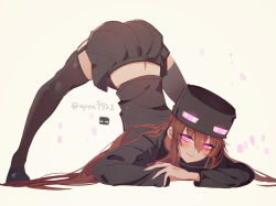 Rule 34 | 1girl, ander (at2.), at2., black footwear, black hat, black shirt, black skirt, black thighhighs, brown background, brown hair, closed mouth, enderman, full body, garter straps, hair between eyes, hat, highres, jack-o&#039; challenge, long hair, long sleeves, minecraft, personification, pink eyes, pleated skirt, shirt, shoes, skirt, smile, solo, thighhighs, top-down bottom-up, twintails, twitter username, very long hair