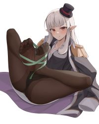 Rule 34 | 1girl, absurdres, bad id, bad pixiv id, black panties, black pantyhose, blush, feet, hat, highres, knees apart feet together, long hair, looking at viewer, mini hat, original, panties, panties under pantyhose, pantyhose, pharamacom, pointy ears, red eyes, silver hair, smile, soles, solo, thighs, toes, tongue, tongue out, underwear, white background
