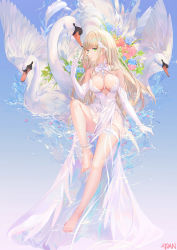 Rule 34 | 1girl, absurdres, artist name, atdan, bare legs, barefoot, between breasts, bird, blonde hair, breasts, closed mouth, dress, elbow gloves, full body, gloves, green eyes, highres, large breasts, long hair, looking at viewer, original, revision, sideways glance, sleeveless, sleeveless dress, solo, strap between breasts, swan, very long hair, white dress, white gloves