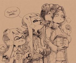 Rule 34 | 3girls, artist name, bad id, bad twitter id, breasts, can, canned coffee, collared shirt, croissant, doughnut, drink can, eating, english text, female focus, food, hood, hoodie, hybrid, inkling, inkling girl, inkling player character, large breasts, monochrome, multiple girls, nintendo, octoling, parka, pointy ears, ribbed sweater, shirt, simple background, smile, splatoon (series), splatoon 1, sweater, takozonesu, tentacle hair, tinned coffee, v, yuta agc