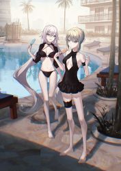 Rule 34 | 2girls, armband, artoria pendragon (all), artoria pendragon (alter swimsuit rider) (first ascension) (fate), artoria pendragon (fate), bare shoulders, barefoot, bikini, blonde hair, building, collarbone, deck chair, fate/grand order, fate (series), food, frills, full body, hair between eyes, halterneck, highres, jeanne d&#039;arc alter (fate), jeanne d&#039;arc alter (swimsuit berserker) (fate), long hair, multiple girls, navel, o-ring, o-ring bikini, o-ring bottom, o-ring panties, outdoors, pale skin, palm tree, panties, parted lips, pool, popsicle, saber alter, short hair, sidelocks, smile, standing, swimsuit, tamitami, thigh gap, thigh strap, tree, twintails, underwear, very long hair, walking, white hair, yellow eyes