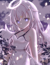 Rule 34 | 1girl, bare arms, bare shoulders, blue eyes, blush, breasts, closed mouth, cloud, cloudy sky, collarbone, commentary request, dress, feathered wings, glowing, glowing eyes, hair between eyes, hair ornament, hairclip, head tilt, heart, heart hair ornament, highres, long hair, original, outdoors, satori (ymoy), silver hair, sky, sleeveless, sleeveless dress, small breasts, solo, very long hair, white dress, white wings, wings