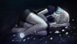 Rule 34 | absurdres, amputee, androgynous, aqua hair, black background, black footwear, black necktie, black shirt, black shorts, blue eyes, blurry, closed mouth, collared shirt, dark, depth of field, diamond (houseki no kuni), elbow gloves, full body, gender request, gloves, glowing, highres, houseki no kuni, kirbyheimi, loafers, looking at viewer, lying, necktie, nintendo, on side, puffy short sleeves, puffy sleeves, shatter, shirt, shoes, short hair, short sleeves, shorts, simple background, smile, solo, thighhighs, white gloves, white thighhighs, wing collar