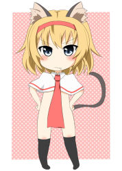 Rule 34 | 1girl, alice margatroid, animal ears, bad id, bad pixiv id, black thighhighs, blonde hair, blue eyes, blush, capelet, cat ears, cat girl, cat tail, fang, female focus, flapper shirt, frown, full body, hairband, hands on own hips, kemonomimi mode, necktie, nude, shirt, short hair, solo, tail, thighhighs, touhou, tsurime, ukami