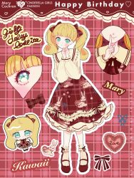 Rule 34 | 1girl, absurdres, alternate costume, animal print, birthday, blonde hair, blue ribbon, blunt bangs, blush, blush stickers, bow, bowtie, buttons, character name, chibi, child, clenched hands, closed mouth, collar, collared dress, commentary request, cursive, dated, dot nose, dress, english text, eyelashes, finger to mouth, fingernails, floral print, floral print dress, footwear bow, frilled collar, frilled dress, frilled socks, frills, full body, green hair, hair bow, hand up, hands up, happy birthday, head tilt, heart, highres, holding, holding heart, idolmaster, idolmaster cinderella girls, knees together feet apart, long sleeves, looking at viewer, mary cochran, mary janes, medium bangs, medium hair, multiple views, neck ribbon, no nose, own hands together, pink bow, pink bowtie, plaid, plaid background, plaid bow, plaid dress, pointing, pointing up, puffy long sleeves, puffy sleeves, rabbit, red background, red bow, red dress, red footwear, red ribbon, red trim, ribbon, ribbon-trimmed socks, shoes, sleeve cuffs, smile, socks, solo, standing, straight-on, striped clothes, striped socks, twintails, ucwwucwww, vertical-striped clothes, vertical-striped socks, wavy eyes, white socks