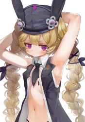 Rule 34 | 1girl, animal ears, animal hat, armpits, arms behind head, arms up, bare arms, bare shoulders, black hat, black jacket, blonde hair, braid, closed mouth, collared shirt, dokomon, dress shirt, girls&#039; frontline, hat, highres, jacket, long hair, looking at viewer, low twintails, navel, open clothes, open jacket, open shirt, purple eyes, rabbit ears, shirt, short eyebrows, simple background, sleeveless, sleeveless jacket, sleeveless shirt, solo, sr-3mp (girls&#039; frontline), steam, thick eyebrows, twin braids, twintails, very long hair, white background, white shirt