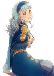 Rule 34 | 1girl, aduti momoyama, alternate hairstyle, bags under eyes, blue hair, braid, breasts, brown eyes, fire emblem, fire emblem: three houses, fire emblem warriors, fire emblem warriors: three hopes, frills, hair ornament, hairband, highres, jewelry, lace hairband, lace trim, long hair, long sleeves, looking at viewer, marianne von edmund, nintendo, official alternate costume, official alternate hairstyle, simple background, solo