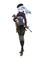 Rule 34 | absurdres, ammunition, aqua eyes, assault rifle, black footwear, black hat, black pants, blue hair, facial mark, full body, girls&#039; frontline, gloves, gun, h&amp;k hk416, hair ornament, hat, heckler &amp; koch, highres, hk416 (girls&#039; frontline), holding, holding gun, holding weapon, holster, knife, looking at viewer, pants, pouch, rifle, shoes, solo, standing, weapon, white gloves, x hair ornament