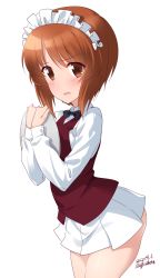 Rule 34 | 1girl, artist name, ass, black bow, black bowtie, blush, bow, bowtie, breasts, brown eyes, brown hair, dated, girls und panzer, highres, kuzuryuu kennosuke, large breasts, looking at viewer, maid headdress, microskirt, nishizumi miho, open mouth, pleated skirt, short hair, simple background, skirt, solo, sweat, white background, white skirt