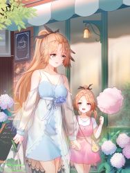 Rule 34 | 2girls, absurdres, alternate costume, arknights, bag, bare shoulders, blue dress, brown eyes, brown hair, casual, commentary request, cotton candy, cowboy shot, dress, feather hair, food, height difference, highres, holding, holding bag, holding food, lingshalan, long hair, mother and daughter, multiple girls, open mouth, outdoors, pinecone (arknights), pink dress, ponytail, shirt, short sleeves, smile, standing, very long hair, white shirt