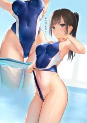 Rule 34 | 1girl, arm up, armpits, arms up, bare arms, bare hips, bare shoulders, blue one-piece swimsuit, blush, breasts, brown eyes, brown hair, closed mouth, clothes lift, commentary request, competition swimsuit, covered navel, dripping, duplicate, frontal wedgie, groin, highres, lifting own clothes, long hair, looking at viewer, medium breasts, mignon, multiple views, navel, one-piece swimsuit, one-piece tan, original, ponytail, sidelocks, skindentation, stomach, swimsuit, swimsuit lift, tan, tanline, thighs, translation request, wading, water, water drop, wavy mouth, wedgie, wet