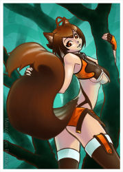 Rule 34 | 1girl, animal ears, antenna hair, arc system works, bare shoulders, blazblue, blazblue: continuum shift, breasts, brown eyes, brown hair, crop top, deliciousorange, fingerless gloves, gloves, halterneck, large breasts, makoto nanaya, microskirt, multicolored hair, short hair, skirt, solo, squirrel ears, squirrel tail, tail, thighhighs, tree, two-tone hair, underboob