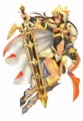 Rule 34 | 1girl, armor, armored boots, boots, brown eyes, brown hair, cape, flyff, helmet, highres, holding, holding weapon, knee boots, lips, long hair, long sleeves, looking to the side, navel, parted lips, pointing, shoulder pads, simple background, skirt, solo, sword, weapon, white background