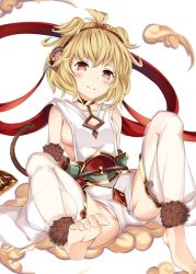 Rule 34 | 10s, 1girl, andira (granblue fantasy), animal ears, aria (schwarza97rw0rd), barefoot, blonde hair, blush, breasts, cloud, detached sleeves, erune, feet, granblue fantasy, hairband, highres, looking at viewer, monkey ears, monkey tail, partially visible vulva, red eyes, short hair, sideboob, sitting, small breasts, solo, tail, thighhighs, thighs, toes